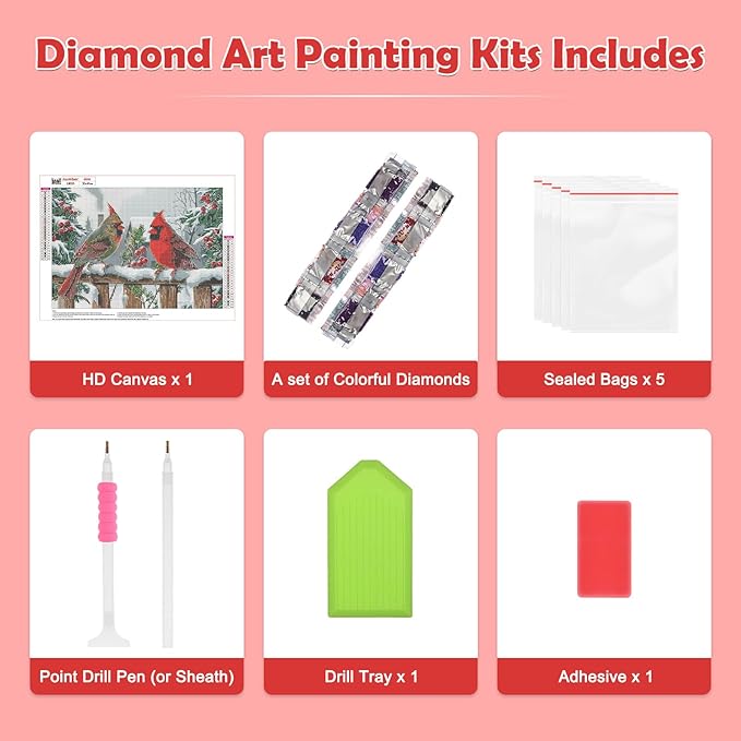 MOGTAA Christmas Cardinal Diamond Art Kits for Adults, 5D Full Drill Winter Diamond Painting Kits for Adults Beginner, DIY Round Diamond Dots for Adults, Gem Art for Home Wall Decor 12 X 16 Inch