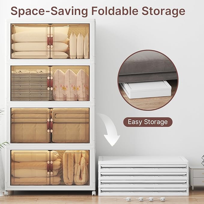 Stackable Storage Bins with Lids, 700QT Closet Organizers and Storage with Doors and Wheels, Extra Large Storage Cabinet, Collapsible Plastic Drawers for Bedroom Dorm Office Garage
