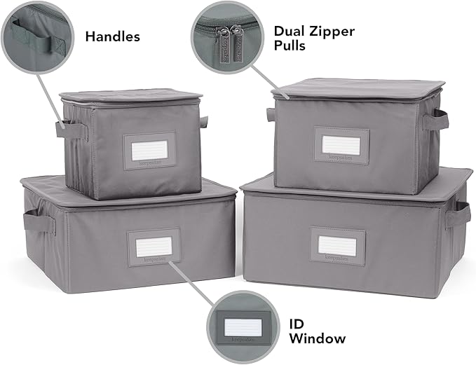 Covermates Dish Storage Box Set – China & Dinner Plate Storage Containers with Felt Dividers, Dual Zippers, Reinforced Handles, ID Window & Stackable Design, Graphite