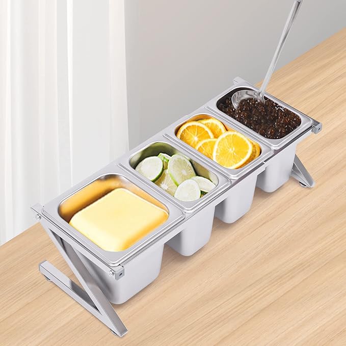 Expandable Spice Rack, Countertop Condiment Stand Holder with Pans and Lids,Stainless Steel Organizer Shelf for Seasonings Sauces Side Dishes Fruits Kitchen Pantry (3*1/9 Pans + 1*1/6 Pan)
