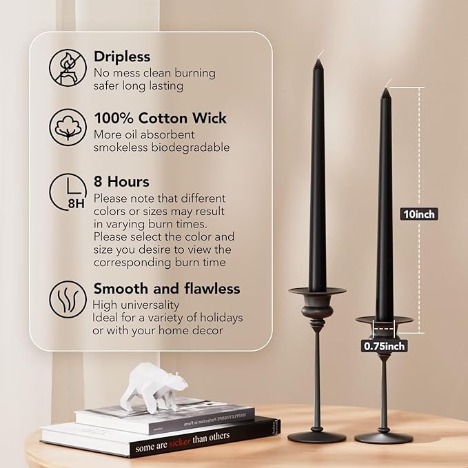 10-Inch Tall Dripless Taper Candles Set of 4 - Black Tapered Candles, Perfect for Halloween - Smokeless, Unscented, Long Burning - Hand Poured, Colored Tall Candlesticks - negras