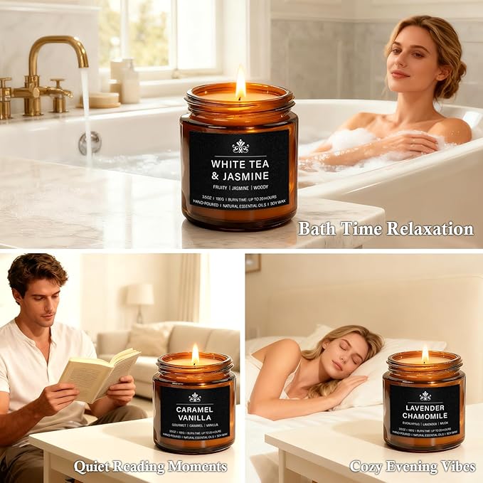 8 Pack Soy Wax Scented Candle Set - Lavender Chamomile, Citrus Sage, Amber Musk, Balsam Cedar, Coffee Whiskey - Long Lasting Aromatherapy Candles, Unisex Home & Gift Set