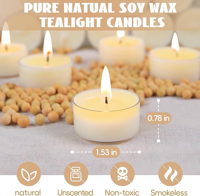 Soy Tealight Candles 50 Pack, 6 Hours Long Burning Tealights Candles Bulk, Natural Soy Wax Tea Light Candle Paraffin-Free, Unscented Small Tea Candle for Emergency,Dinner