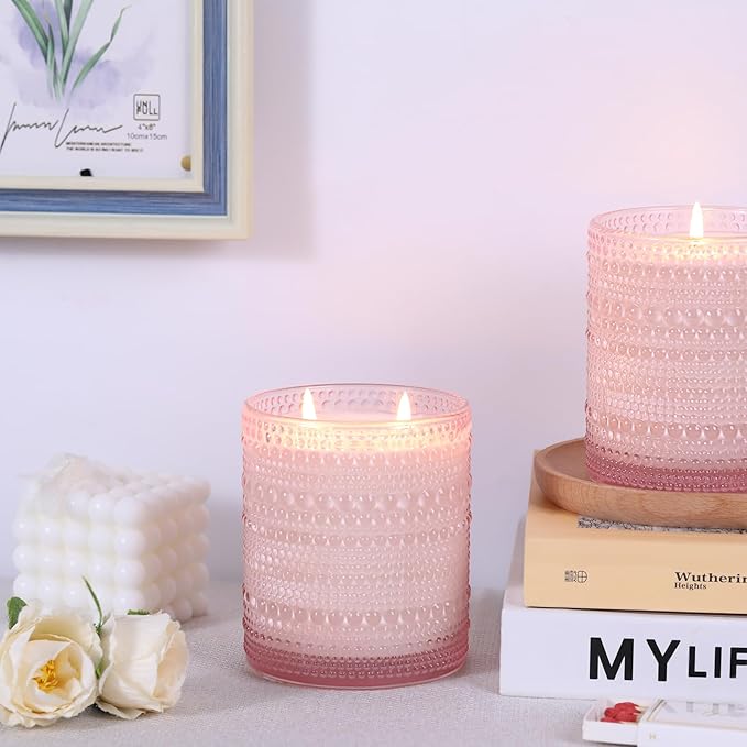 DARJEN 8 Pack Pink Candle Jars for Making Candles- 14 OZ Empty Glass Candle Making Jars with Bamboo Lids and Labels, Candle Containers Candle Making Supplies for DIY Gifts