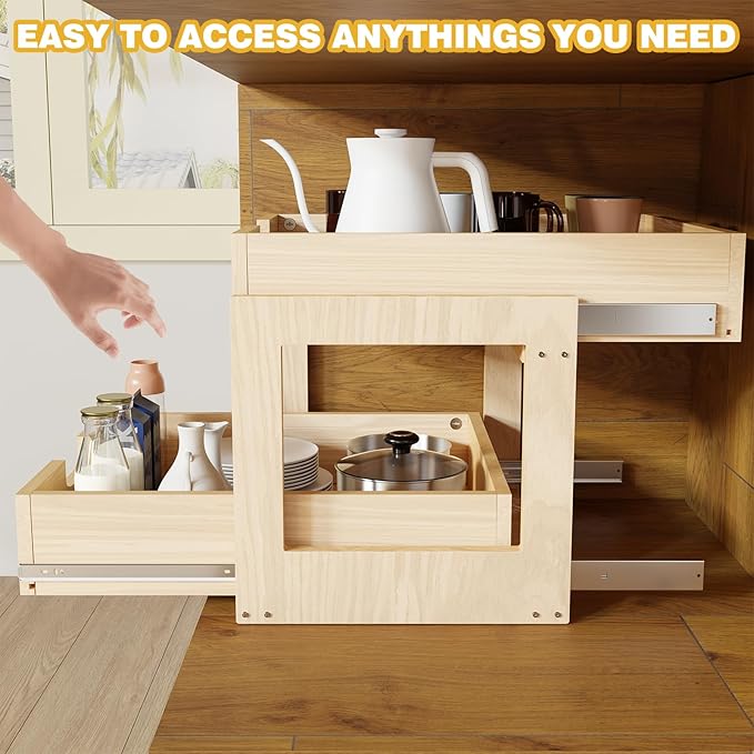 Pull Out Cabinet Organizer, 17''W×21''D×16''H Soft Close Slide Out Wooden Pull out Drawers, Double Tier Slide out Wood Cabinet Organizer, for Base Cabinet Organization in Kitchen, Pantry, Bathroom