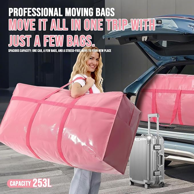 Extra Large Moving Bags Heavy Duty 2 Pack – Bubblegum Pink, 45x21x15 Inches Storage Bags for Moving, Packing, Traveling, and Organizing
