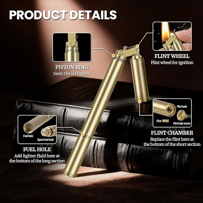 CHOICEDC Vintage Lighter, Cool Trench Lighter, Unique Slim Kerosene Lighters Fluid Refillable, Antique Brass Pipe Lighters with Spare Oil Tank and Flint Chamber, Novelty Gifts for Men Women, No Fuel