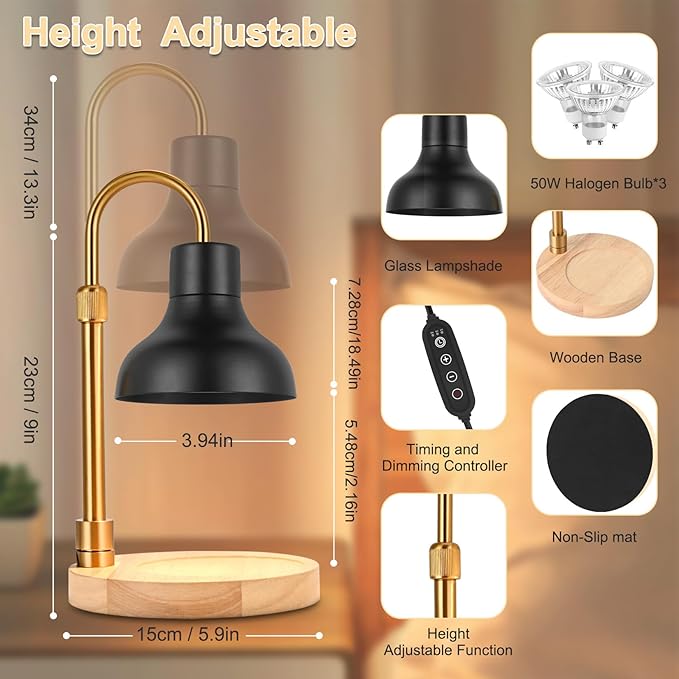 Candle Warmer Lamp with Timer & 3 Bulbs, Dimmable Electric CandleLight Adjustable Height and Brightness Candle Wax Warmer for Jar Candles Bedroom Home Decor House Warming Gift for Women (Black)