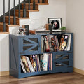 Large Record Player Stand with Vinyl Storage, 500+ Vinyl Record Storage Cabinet, 47 Inch Record Player Table with Power Outlet, Farmhouse Wooden Turntable Stand for Living Room, Blue