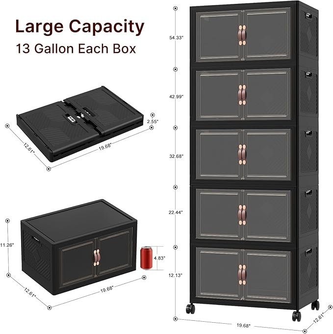 UAMFURI Stackable Storage Bins with Lids, 240QT Closet Organizers, Lockable Storage Cabinet，Foldable Storage Box with Doors and Wheels, Plastic Drawers for Home, Garage, Office (5, Black, Medium)