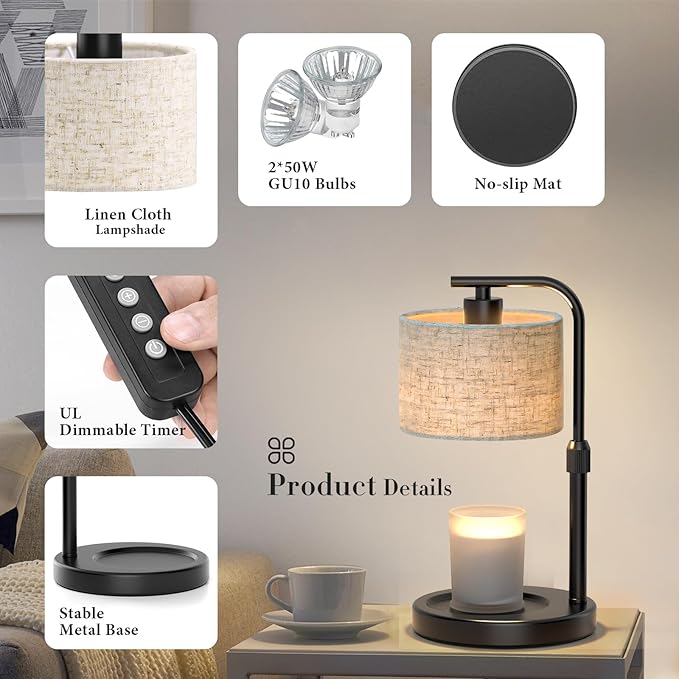 Black Candle Warmer Lamp with Timer Dimmer, Height Adjustable Electric Candle Warmer Wax Heater with 2 Bulbs, Birthday Gifts for Women Her, Mom, House Warming Gifts New Home