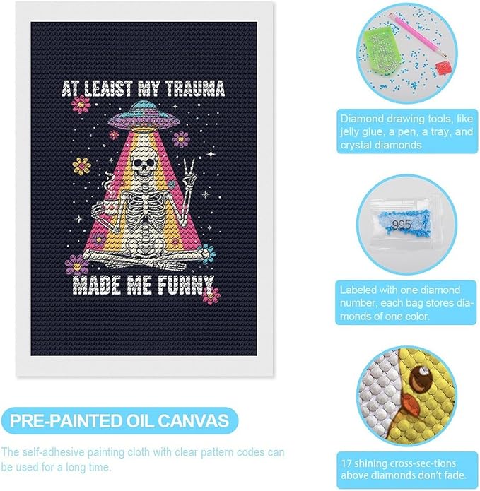 KIVJMSIDJA Skull Skeleton “At Least My Trauma Made Me Funny” Diamond Art Kits for Adults for Beginners, 5D Full Diamond Art Paint 8"x12"