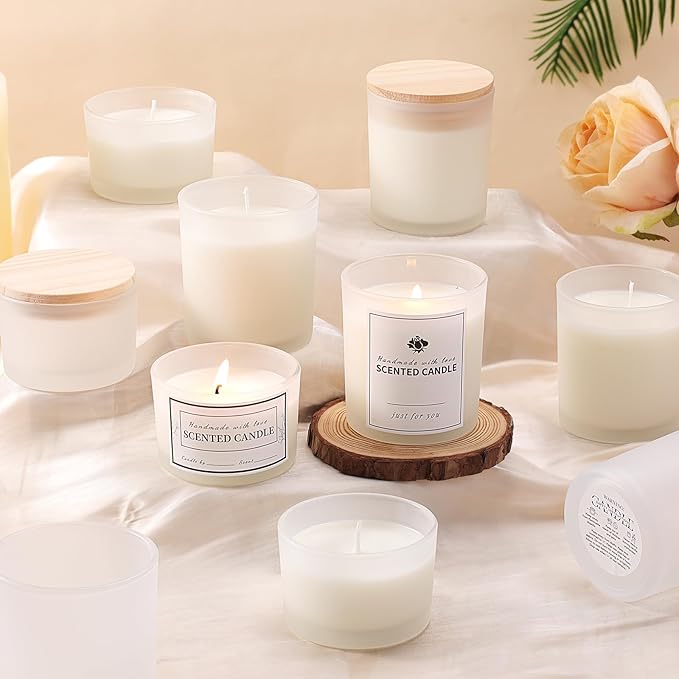 sunnyfuture 16 Pack Forsted White Candle Jars, 8pcs 7oz + 8pcs 4oz Candle Jars for Making Candles with Wooden Lids and Labels for DIY, Gifts, Home