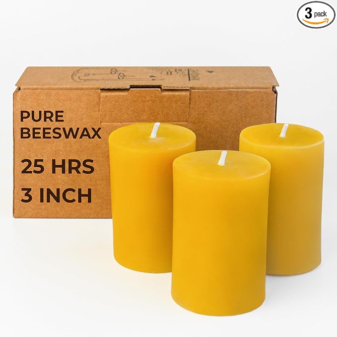 CANDWAX Pure Beeswax Pillar Candles 1.8x3 inch Set of 3-25 Hours Burning Handmade Yellow Candles - Smokeless Pure Bees Wax Candle Home Décor