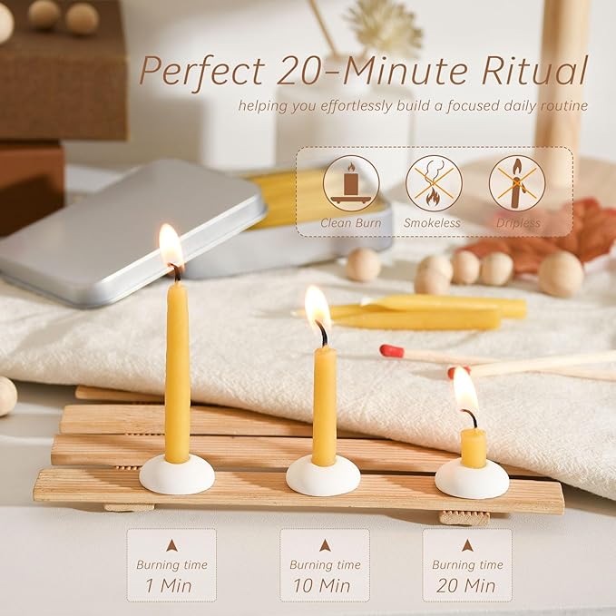 20 Minute 100% Pure Beeswax Candles, Mini Mindful Meditation Taper Candles, Smokeless & Dripless with Holder for Yoga, Prayer, Relaxation (Yellow,60 Pack)