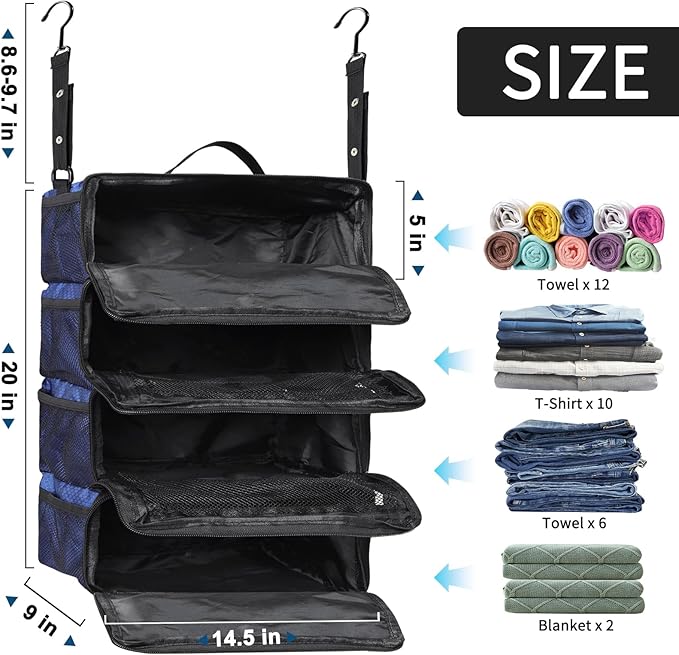 esouler Suitcase Organizer, Travel Luggage Organizer hanging packing cubes for travel，portable hanging travel shelves Collapsible closet organizer for Carry-on (Navy blue, Medium)