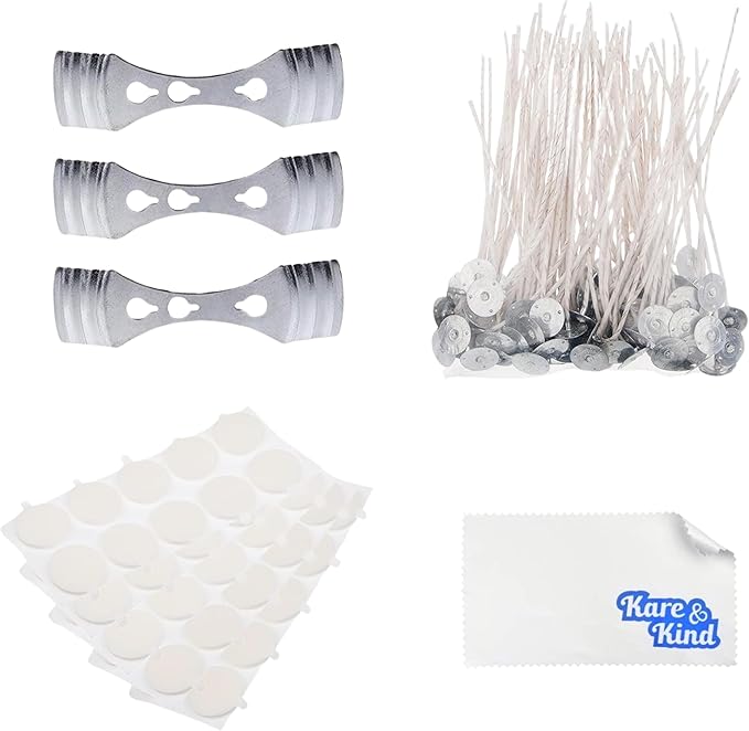 Candle Wick Bundle: 50 Candle Wicks, 50 Stickers and 3 Wick Holders - Easy Positioning - Wicks Coated With Natural Soy Wax, Cotton Threads Woven with Paper - Contains No Lead, Zinc or Other Metals