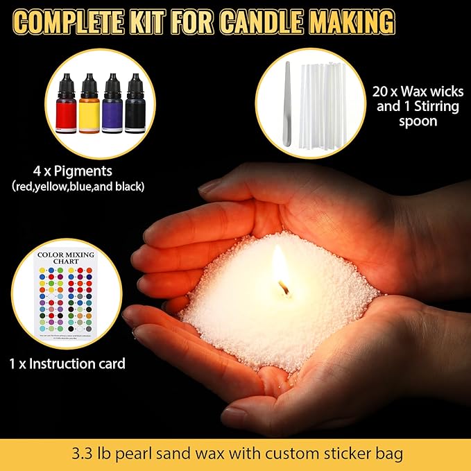 Feifeiya 1 Pack 3.3 lb Pearled Candle Sand DIY Pearled Candle Making Kit Included 20 Wicks and 4 Dye Refillable Beaded Wax Sand All Natural Beaded Wax for Home Christmas Wedding Party