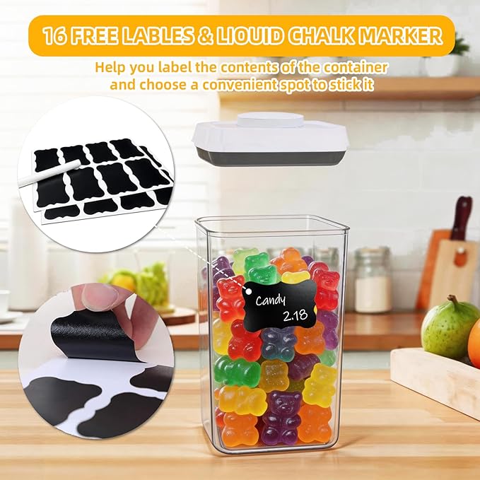 Pop Airtight Food Storage Containers with Lids, Push Button Seal BPA-Free for Kitchen Pantry Organization, 3 Pcs 0.65Qt/0.7Qt/1.8Qt for Cereal, Flour, Sugar, Snacks Dry Food Storage