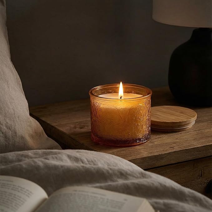 10 oz Embossed Glass Candle Container with Bamboo Lids and Labels,Orange Candle Jars for Making Candles,Mandala Design - Pack of 9