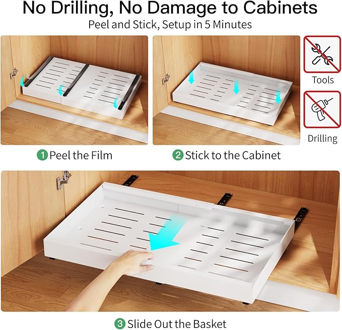 iSPECLE No Drill Drawers for Cabinets - Expandable Peel and Stick Pull Out Cabinet Organizer Easily Get Items without Digging in the Cabinet