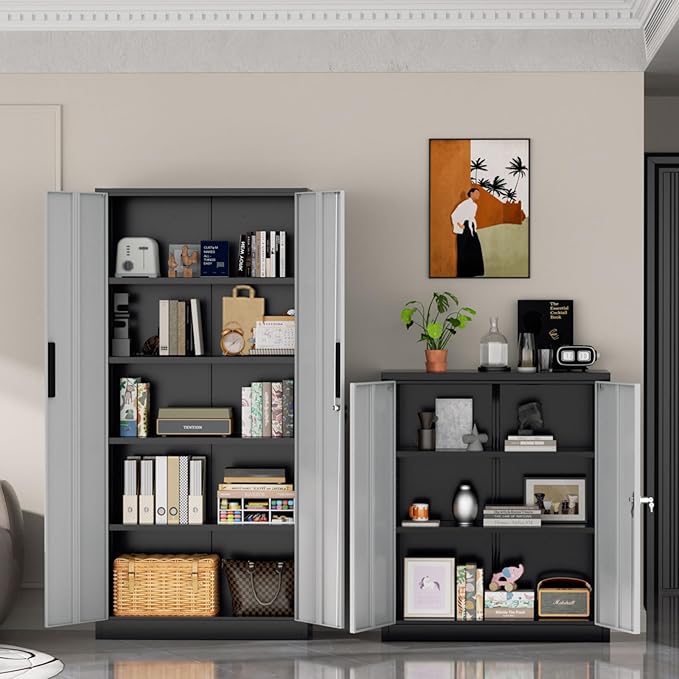 Superday Metal Storage Cabinets, 71" Storage Cabinet with Locking Door, Tall Garage Cabinet with 2 Doors and 4 Adjustable Shelves for Home Office, Classroom, Easy Assemble(Black Grey)