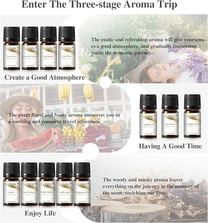 EUQEE 12pcs Fragrance Oils Gift Set, Premium Essential Oils Set for Diffuser, Candle, Soap Making, Travel, with Amber, Coconut&Vanilla, Fresh Linen, Leather, Forest Pine, Gift Set for Women and Men