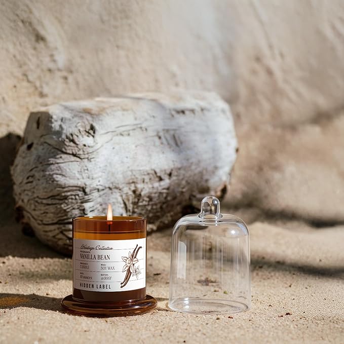 Hidden Label Vanilla Bean Scented Candle - 10oz Non Toxic Candles for Home Scented with Clear Bell Jar, Natural Soy Wax Clean Burning Aromatherapy Candle for Spa/Yoga/Meditation & Stress Relief Gifts