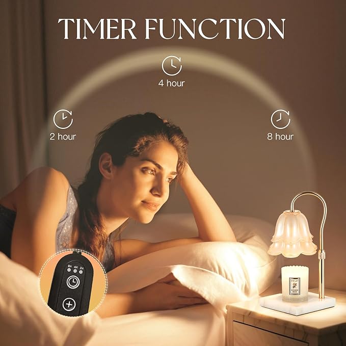 Candeldo Candle Warmer Lamp with Timer: Flower Candle Warming Lamp with Marble Base Height Adjustable Wax Warmer Dimmable Modern Kitchen Bathroom Decor Mom Birthday Gift for Grandma