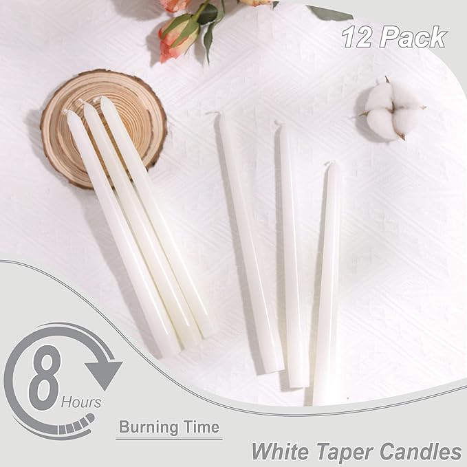 10-Inch White Taper Candles - Dripless Candlesticks Smokeless Tapered Candle Tall Unscented Long Tapered Candle Paraffin Wax with Cotton Wicks for Dinner Parties 8 Hours Slow Burn of 12 Pack