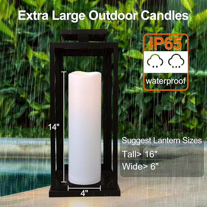 2 Pack Extra Large Outdoor Candles with Timer Waterproof, 14" x 4" Flickering Flameless Candles Battery Operated with Remote, Tall LED Pillar Candle for Outdoor Lantern, Patio, Porch, White