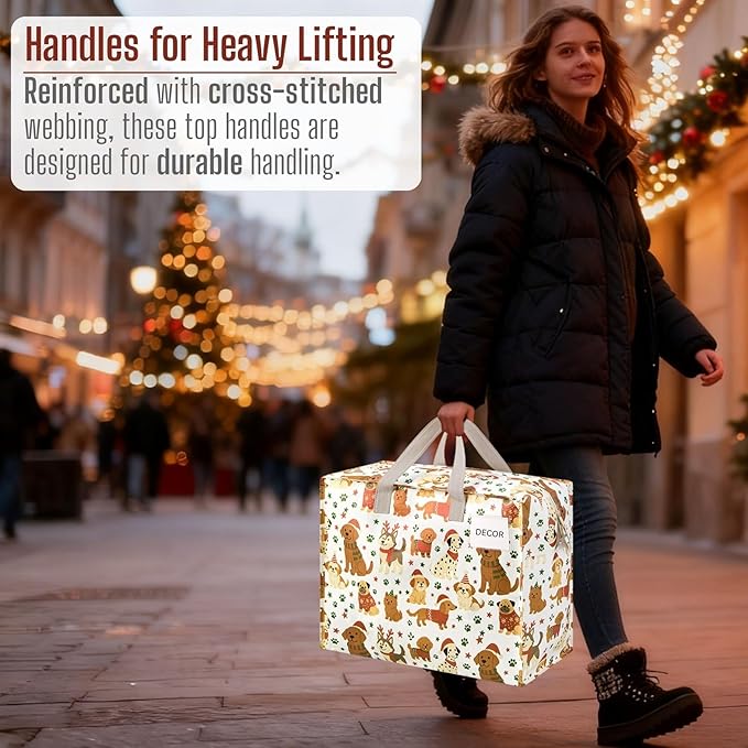 VENO 4 Pack Heavy Duty Moving Bags, Storage Bags, Packing Supplies, Top Zipper, Storage Totes for Camping, Clothes, Bedding, Comforters, Pillows, Christmas Pattern (13 Gallon, Holiday Pups, 4 Pack)