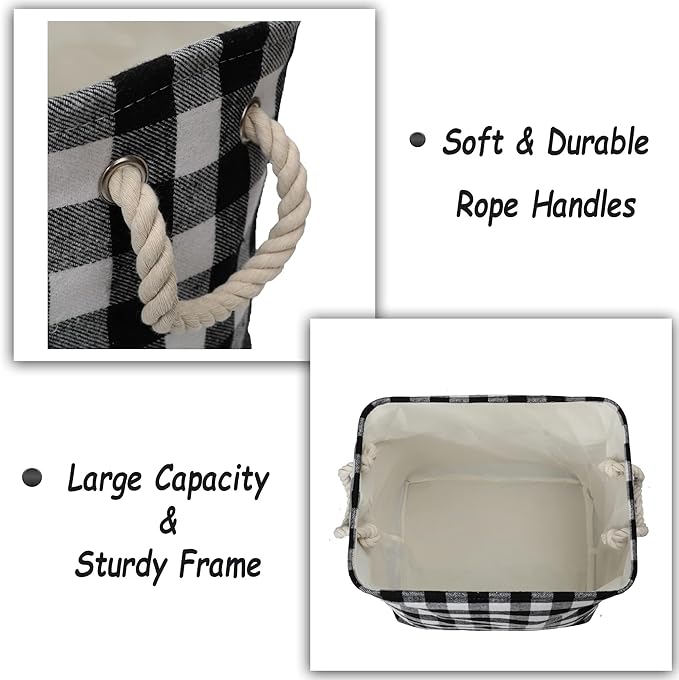 Large Rectangular Decorative Storage Bins Foldable Laundry Hamper Baskets Buffalo Grid Pattern with Rope Handles for Blankets, Toys, Nursery, White Black Grid, L