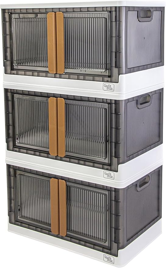 FELICON 19 Gallon 3 Pack Stackable Storage Bins with Lids,Doors,Wheels,Collapsible Organizer Foldable Container,Wardrobe Closet for Bedroom Living Room Neat,Dorm,Organized Homes(White)