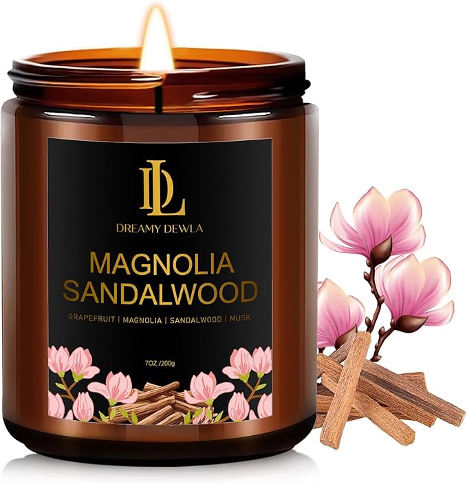 Magnolia & Sandalwood Scented Candles, Soy Candle for Home Scented, Amber Jar Candles Gifts for Men Women, 7oz