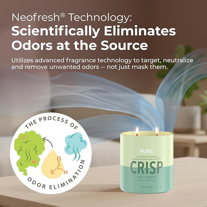 Candle-Lite Pure Sage & Tangerine Odor Eliminating Scented Candles, Neofresh Technology Eliminates 99.9% of Odors, 16 oz 2-Wick Jar, Proudly Poured in The USA, Up to 60 Hours Burn Time