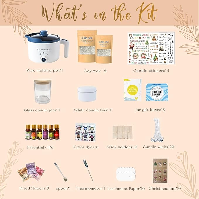 DIY Candle Making Kit with Wax Melter, Scented Candle Making Set with Candle Tattoo and Glass Jars, All-in-One Wax Melts Kit with Dried Flowers for Adults