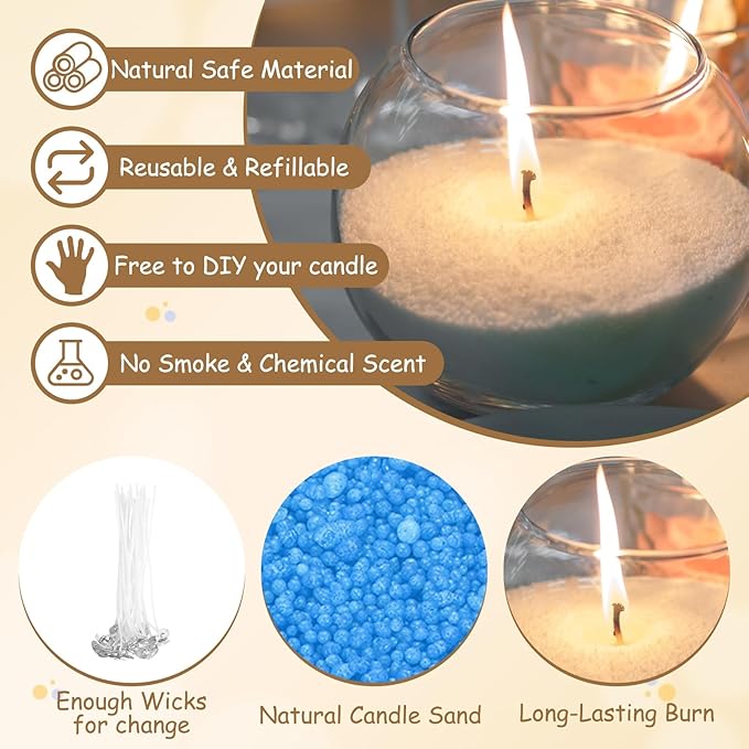 MECCANIXITY Pearled Sand Candles with 20 Pcs Wicks 7Oz / 200g Candle Beads Refillable Powder Sand Wax Making Kit for Thanksgiving Christmas Wedding Party DIY Home Crafts, Blue