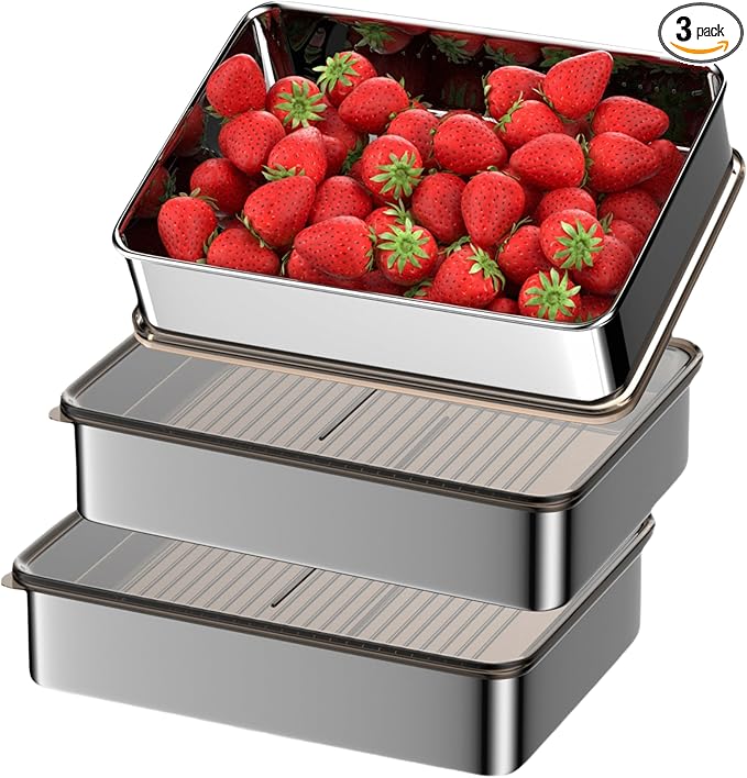 Stainless Steel Food Storage Containers, Silver, Airtight with Vacuum Seal, Stackable Rectangular, 3-Piece Set, BPA-Free Lids, for Meal Prep and Leftovers Storage (deep - 3.3'' Height)