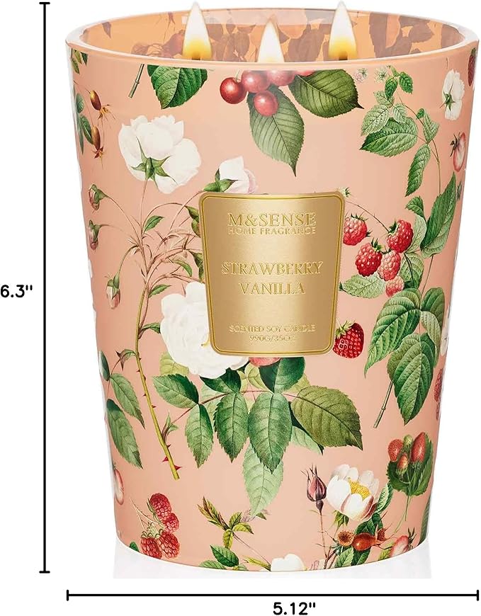 M&SENSE Strawberry Vanilla Soy Large Candles, 3-Wick 35oz 150H Long Lasting, Aromatherapy Candle for Bedroom Romance New Year Gifts