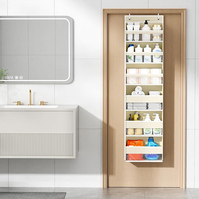 Mefirt Over The Door Organizer, 6 Shelf Door Hanging Organizers with 6 Large Capacity Pockets, Behind Door Storage Hanging Shelves for Closet Wall Bathroom Bedroom Nursery