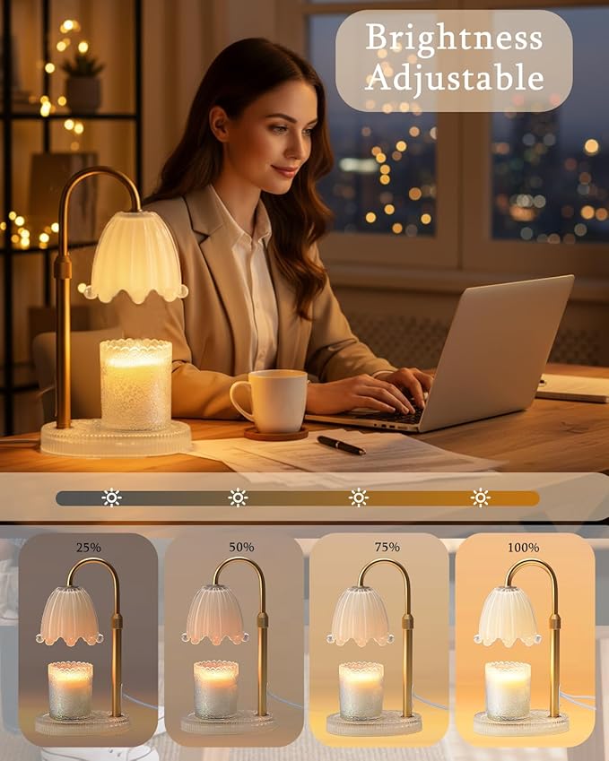 Flower Candle Warmer Lamp with Timer, Vintage Adjustable Glass Warmer Light for Jar Candles, Electric Wax Warming Melter, Gifts for Women Mom, Bedroom Decor (Yellow-Flower)