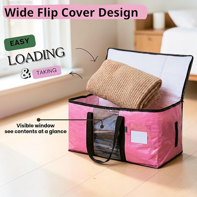 6-Pack Extra Large Heavy Duty Moving Bags with Zippers & Reinforced Handles - Pink Clothes Storage Bags, Oversized Packing Totes for Moving & Organizing