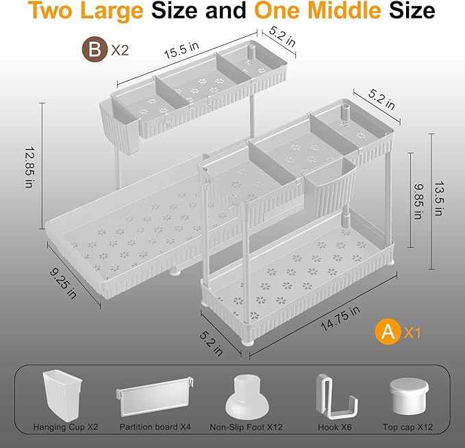 3 Pack Multi-Purpose Under Sink Organizers and Storage, 2026 L-Shaped Pull Out Cabinet Organizer for Bathroom & Kitchen, Under Cabinet Organizer with Hooks Hanging Cup (White, 12.85 inch)