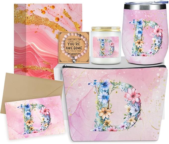 Personalized Gifts Monogrammed Birthday Gifts for Women, Niece Auntie Boss Teacher Appreciation Christmas Initial Wine Tumbler Makeup Bag Scented Candle Bracelet Set, (Aesthetic Pink Flower D)