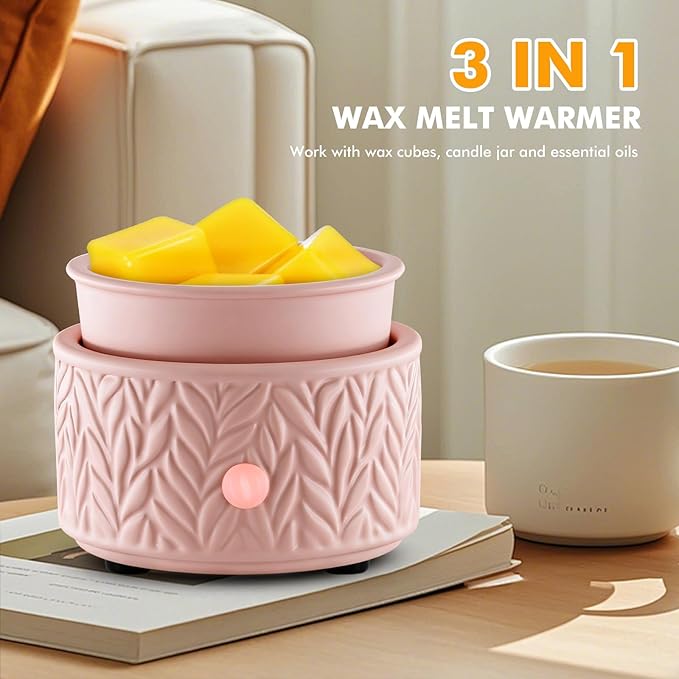 EQUSUPRO Wax Melt Warmer for Scented Wax - 4-in-1 Electric Ceramic Candle Wax Warmer Fragrance Wax Burner Melter for Home Office Decor & Gift for Women (Pink Leaf)