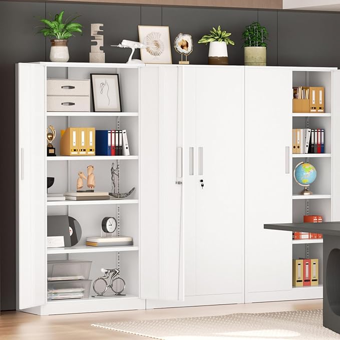 Superday Metal Storage Cabinets, 71" Steel Storage Cabinet with Lock, Tall White Cabinet with 2 Doors and 4 Adjustable Shelves for Garage, Home Office, Classroom, File, Easy Assemble