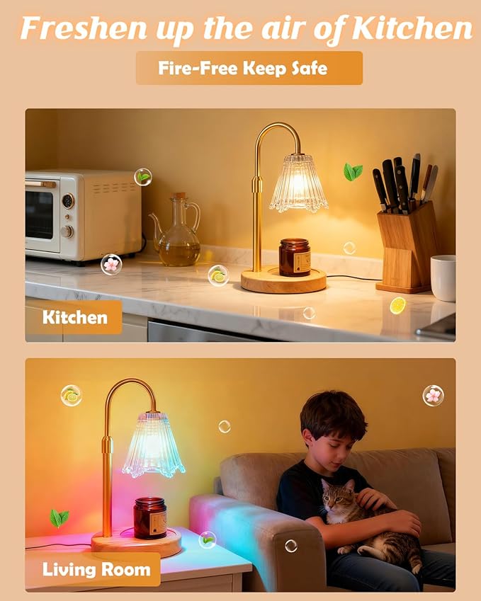 RGB Candle Warmer Lamp with Timer, Dimmer Adjustable Height Candle Melt Lamp Gold Flower Wax Warmer for Wax Melt Birthday Gift for Women Home Office Decor Multi-Color RGB Included 2 Bulbs