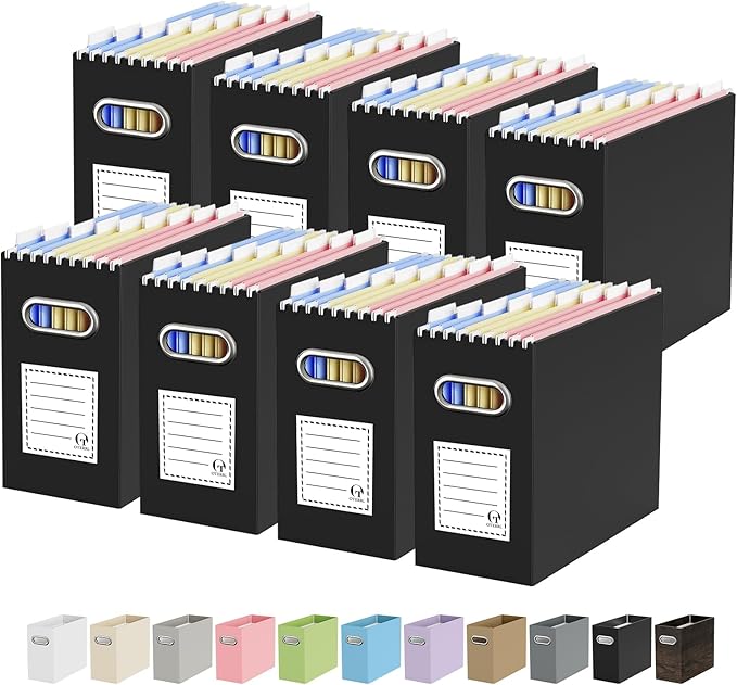 Oterri File Organizer Box, Portable Collapsible Cardboard File Folder Organizer with Handle for Letter Size Hanging Files, Document Storage Box for Home Office & Classroom (8 Packs, Black)