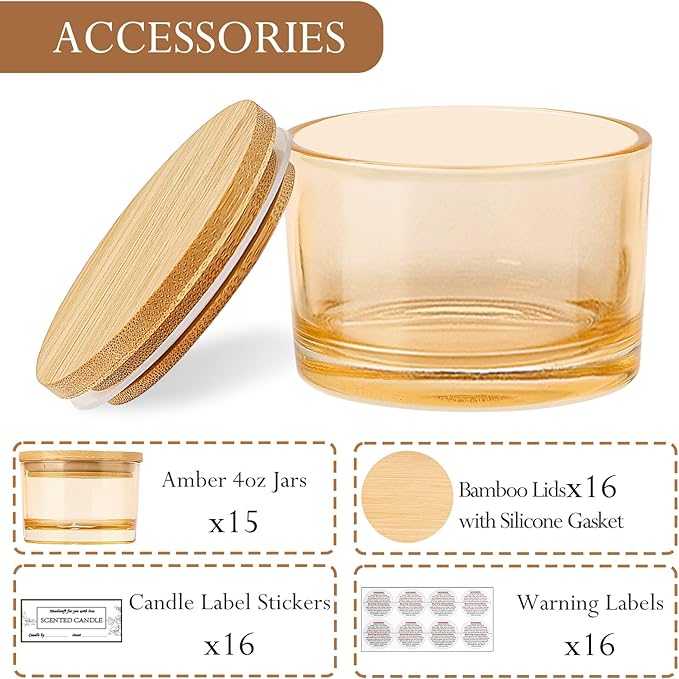 CONNOO 15 Pack 4 OZ Gold Amber Glass Candle Jars with Airtight Bamboo Lids for Making Candles, Bulk Small Wide Mouth Empty Candle Containers with Sticky Warning Labels - Dishwasher Safe, Champagne